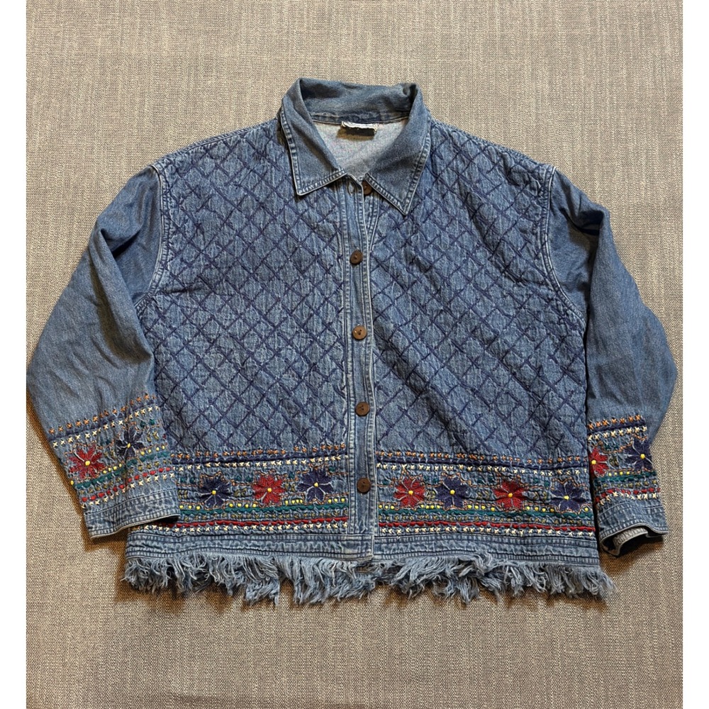 Carrie Allen‎ Denim Jacket Women's Large Blue Quilted Embroidered Fringe